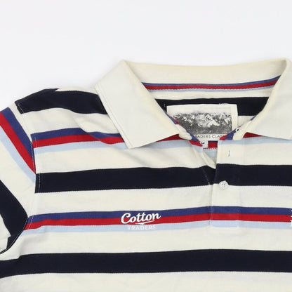 Cotton Traders Mens Multicoloured Striped Cotton Polo Size M Collared Button