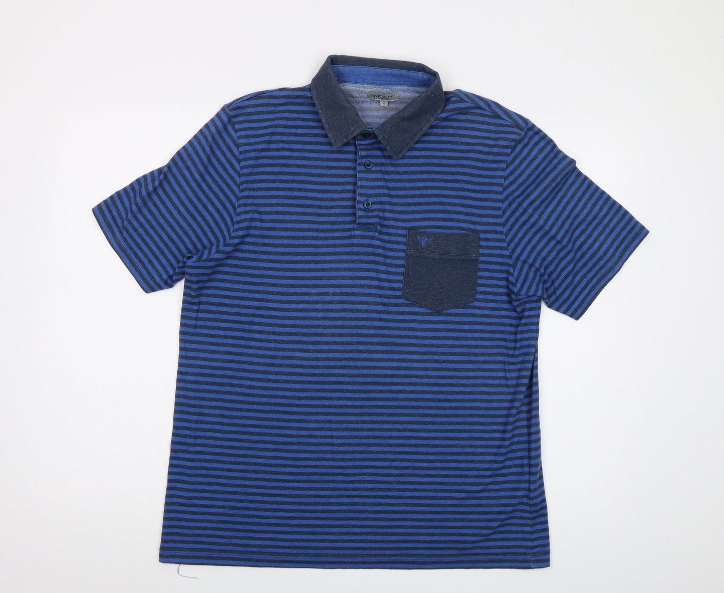 Marley Mens Blue Striped Cotton Polo Size M Collared Button