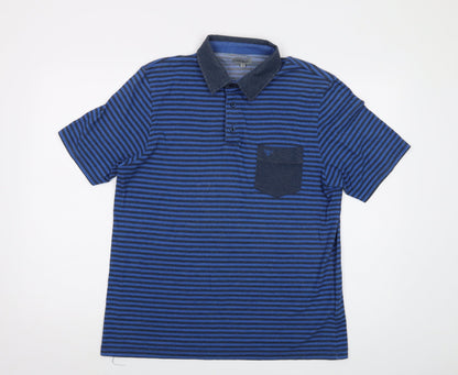 Marley Mens Blue Striped Cotton Polo Size M Collared Button
