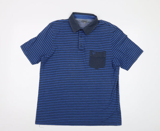 Marley Mens Blue Striped Cotton Polo Size M Collared Button