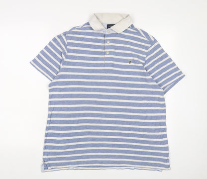 Howick Tailored Mens Blue Striped Cotton Polo Size L Collared Button - Logo, Embroidered