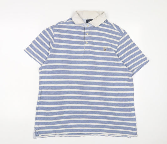 Howick Tailored Mens Blue Striped Cotton Polo Size L Collared Button - Logo, Embroidered