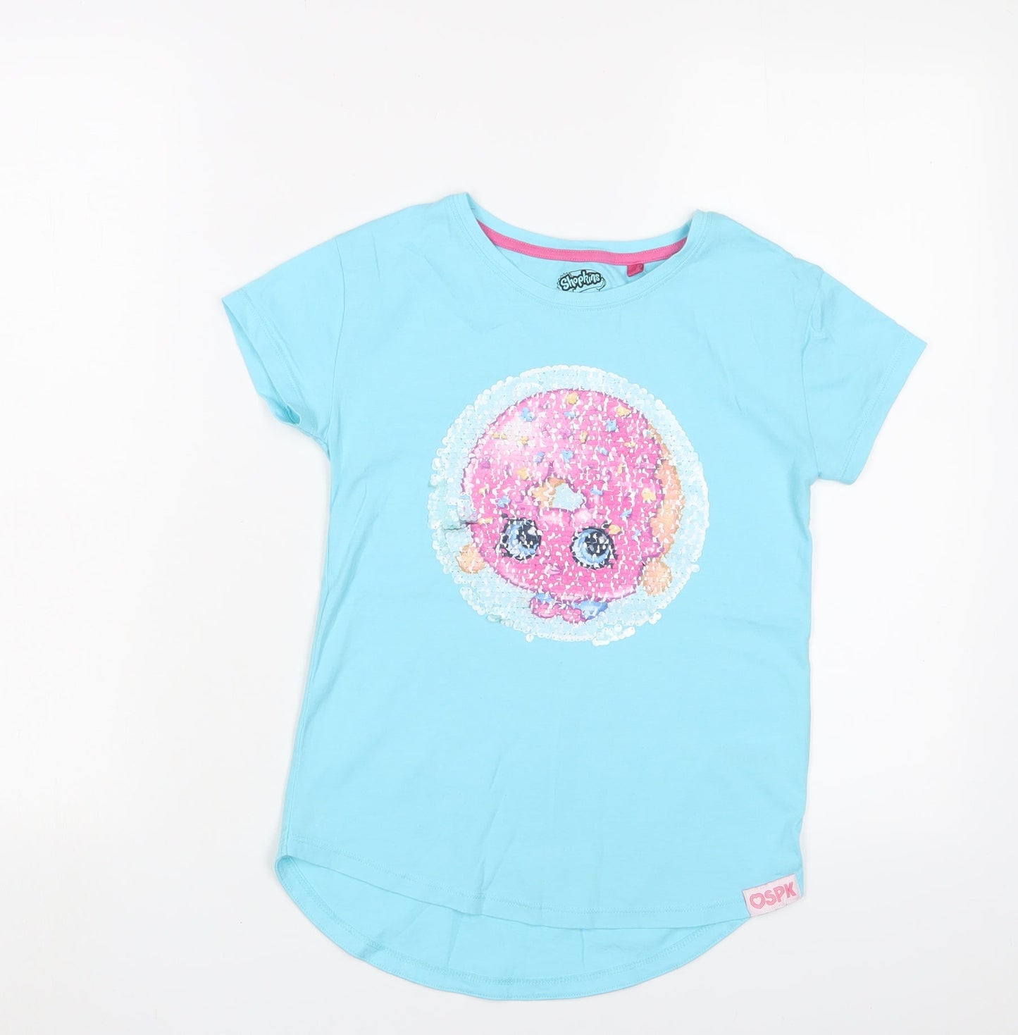 Shopkins Girls Blue Cotton Basic T-Shirt Size 9 Years Crew Neck Pullover - Sequins