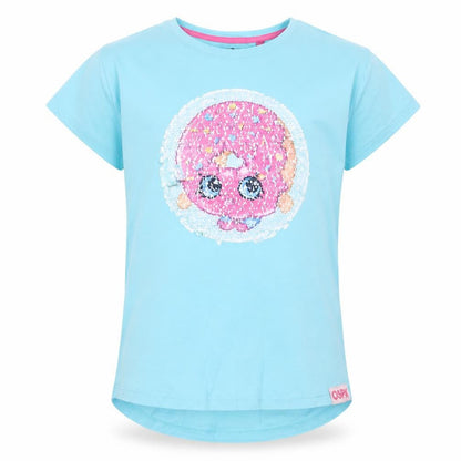 Front view of Shopkins girls’ blue cotton basic t-shirt, size 9, years crew neck pullover - sequins