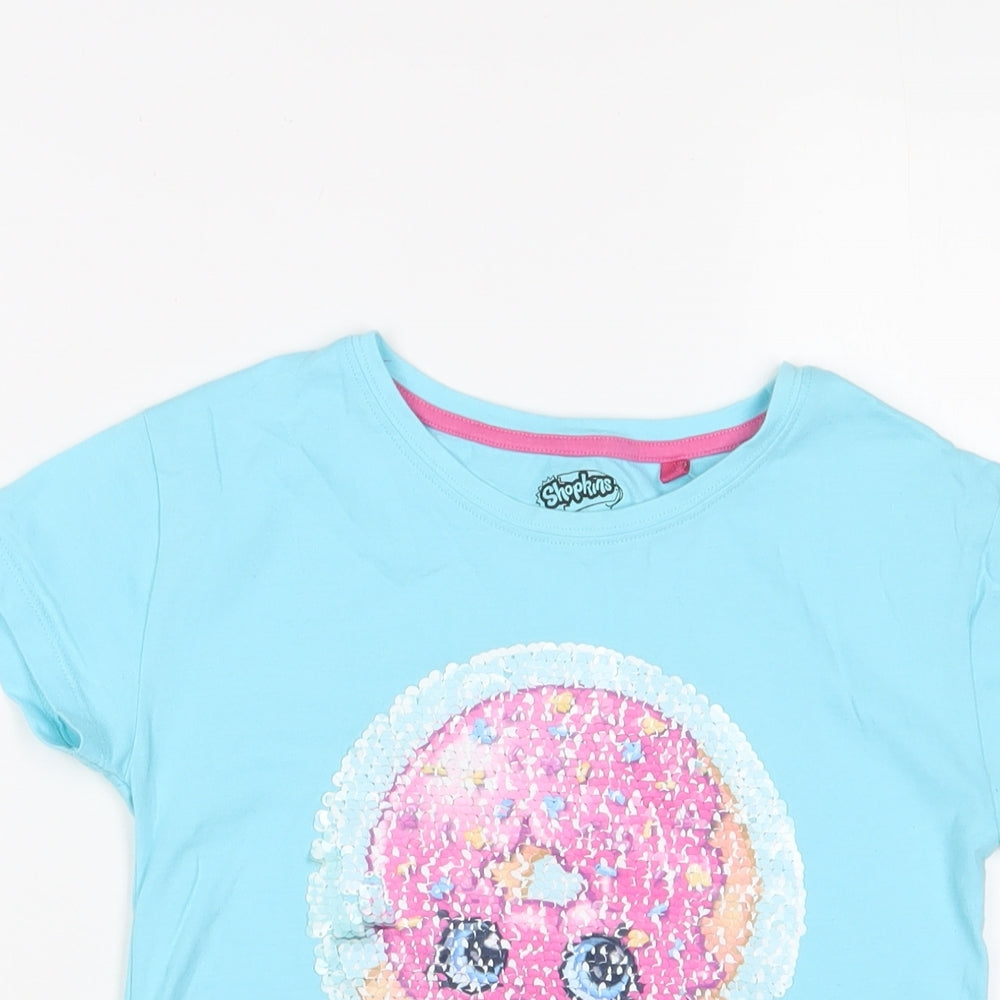 Shopkins Girls Blue Cotton Basic T-Shirt Size 9 Years Crew Neck Pullover - Sequins