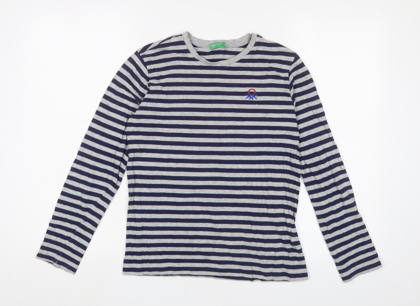 United Colors of Benetton Boys Gold Striped Cotton Basic Casual Size 11-12 Years Crew Neck Pullover - Logo, Embroidered
