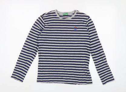 United Colors of Benetton Boys Gold Striped Cotton Basic Casual Size 11-12 Years Crew Neck Pullover - Logo, Embroidered