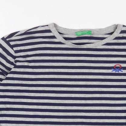 United Colors of Benetton Boys Gold Striped Cotton Basic Casual Size 11-12 Years Crew Neck Pullover - Logo, Embroidered