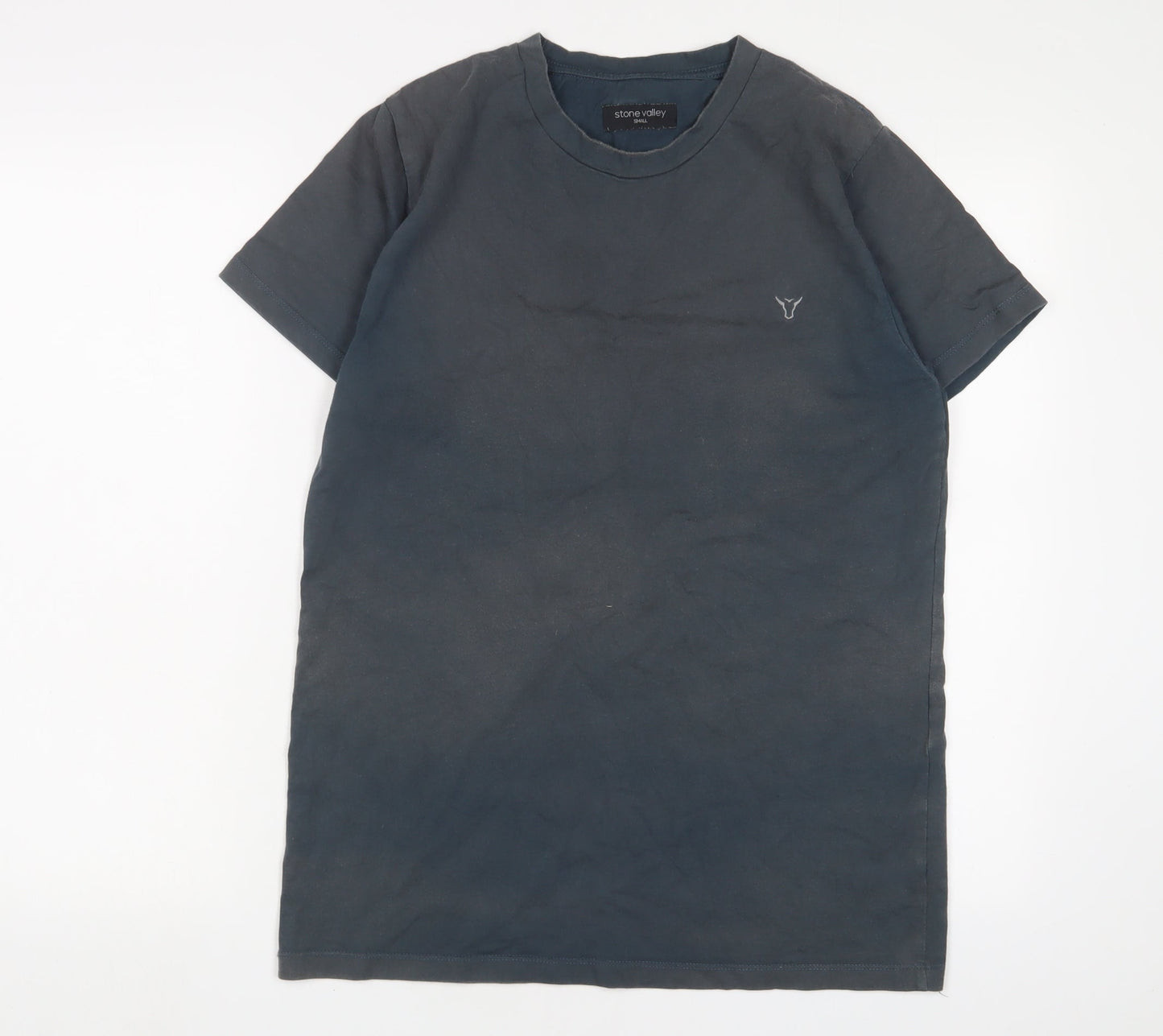 Stone Valley Mens Blue Cotton T-Shirt Size S Crew Neck - Logo, Embroidered
