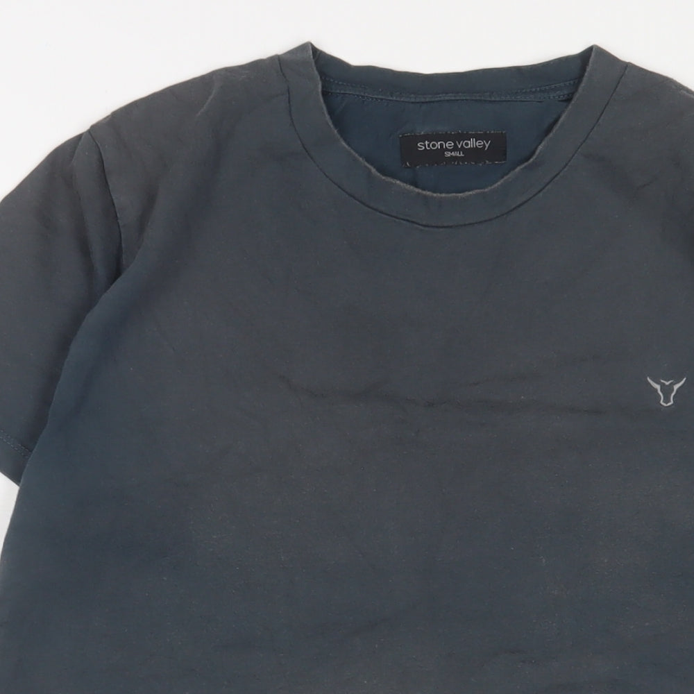 Stone Valley Mens Blue Cotton T-Shirt Size S Crew Neck - Logo, Embroidered