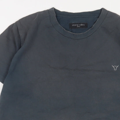 Stone Valley Mens Blue Cotton T-Shirt Size S Crew Neck - Logo, Embroidered