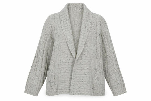 Front view of Maine New England women’s beige collared acrylic cardigan jumper, size UK 20