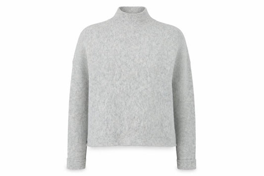 Front view of Miss Selfridge women’s grey mock neck polyester jumper, size UK 6
