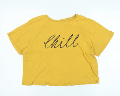 wonder love Womens Yellow Cotton Basic T-Shirt Size S Crew Neck - Logo- CHILL