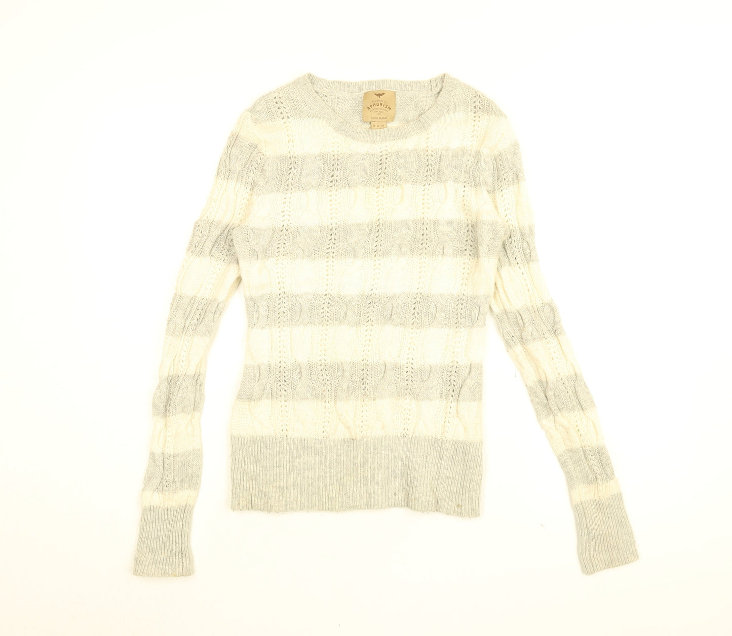 Believers in Aphorism Womens White Round Neck Striped Nylon Pullover Jumper Size 12
