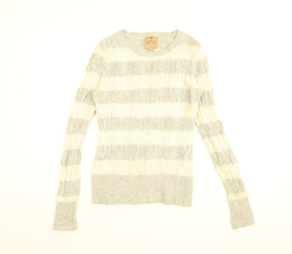 Believers in Aphorism Womens White Round Neck Striped Nylon Pullover Jumper Size 12
