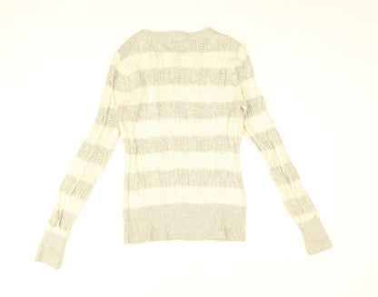 Believers in Aphorism Womens White Round Neck Striped Nylon Pullover Jumper Size 12