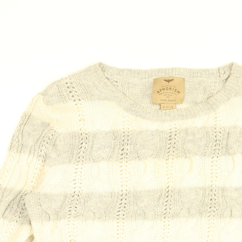 Believers in Aphorism Womens White Round Neck Striped Nylon Pullover Jumper Size 12