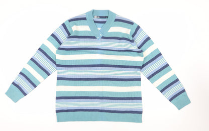 Isle Blue Striped Pullover Jumper, Size M, V-Neck Winter