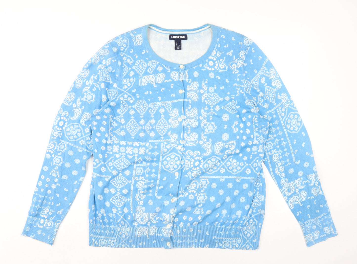 Lands' End Womens Blue Round Neck Paisley Cotton Cardigan Jumper Size L