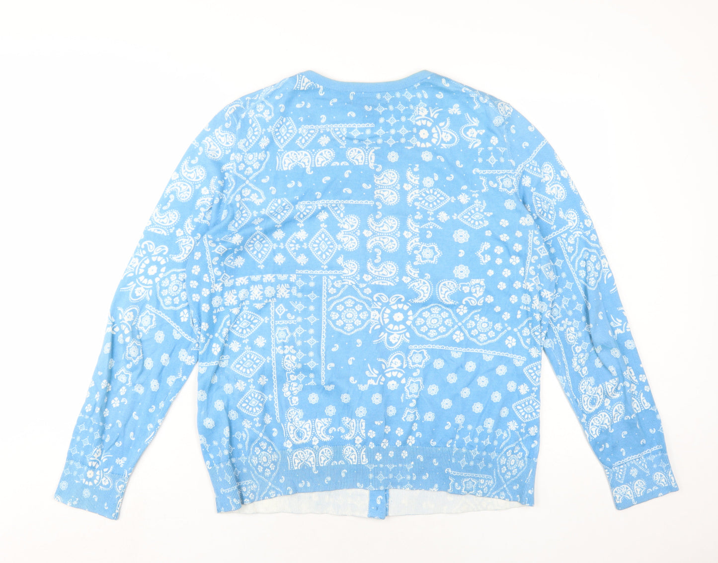 Lands' End Womens Blue Round Neck Paisley Cotton Cardigan Jumper Size L