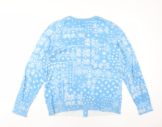 Lands' End Womens Blue Round Neck Paisley Cotton Cardigan Jumper Size L