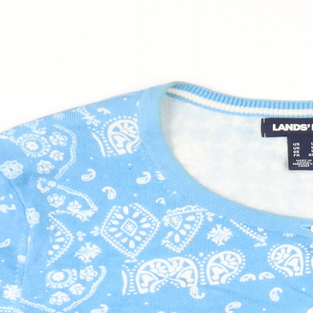 Lands' End Womens Blue Round Neck Paisley Cotton Cardigan Jumper Size L