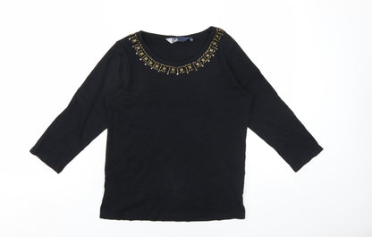 EWM Womens Black Cotton Basic T-Shirt Size 10 Scoop Neck - Beaded Neckline