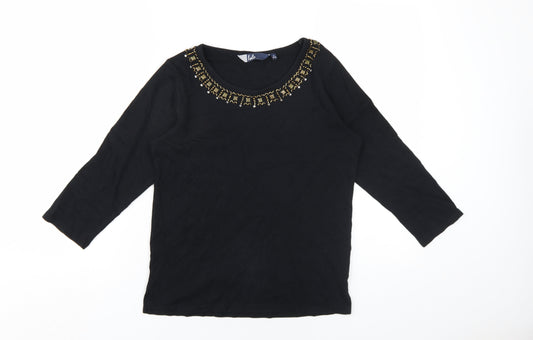 EWM Womens Black Cotton Basic T-Shirt Size 10 Scoop Neck - Beaded Neckline