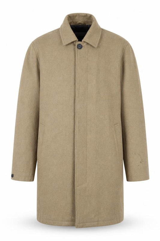 Front view of Only & Sons men’s beige overcoat coat, size L, button