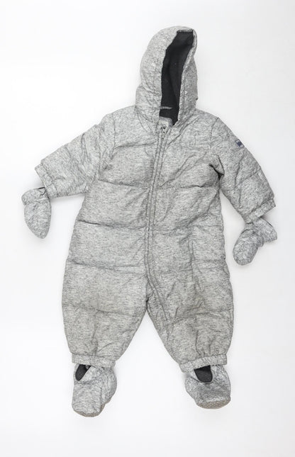 Gap Baby Grey Puffer Jacket Snowsuit Size 9-12 Months Zip - With Mittens & Shoes