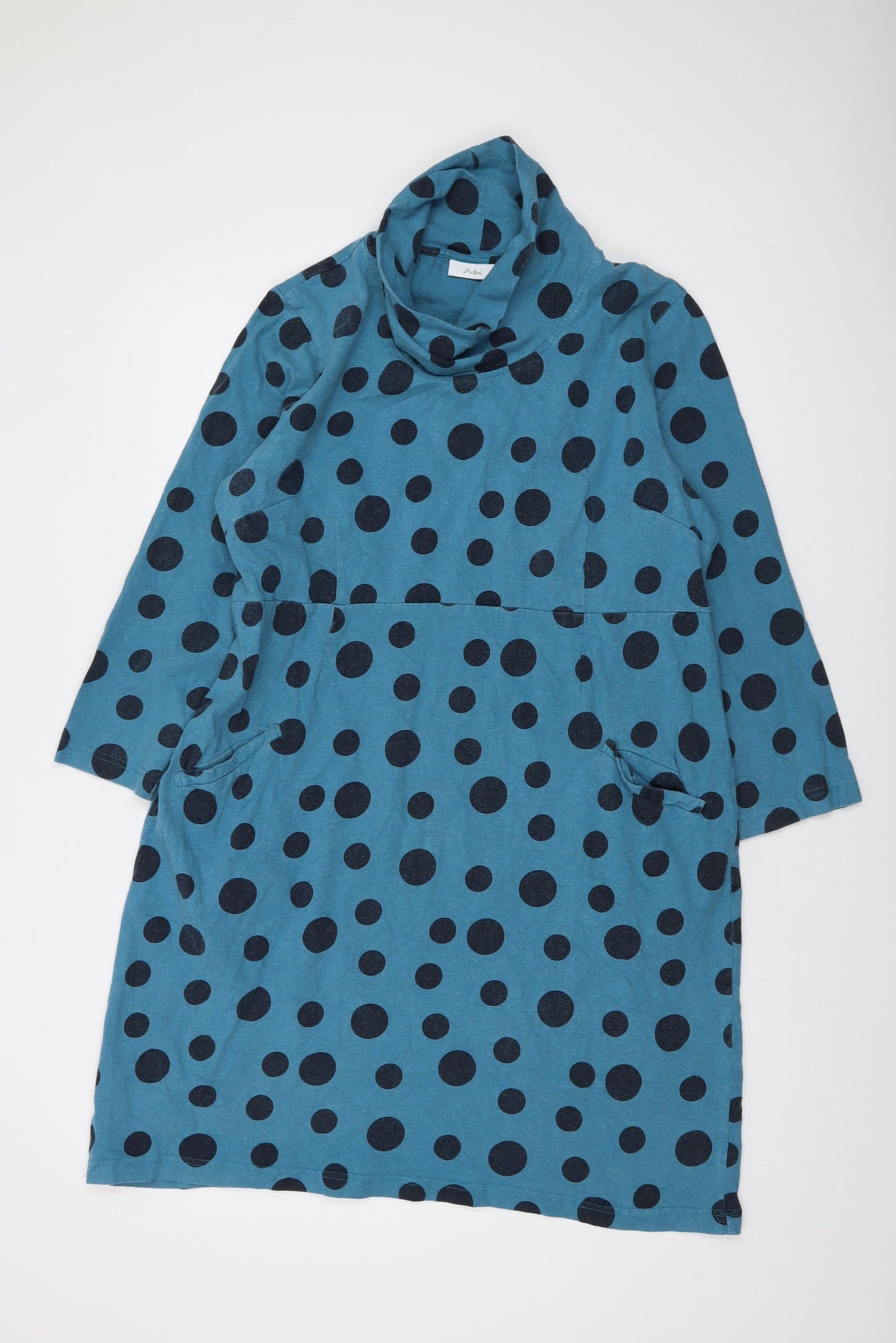 Adnini Womens Blue Polka Dot Cotton A-Line Size 16 Roll Neck Pullover