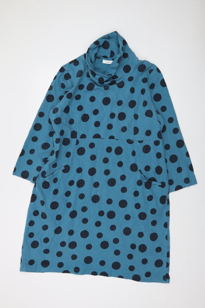 Adnini Womens Blue Polka Dot Cotton A-Line Size 16 Roll Neck Pullover