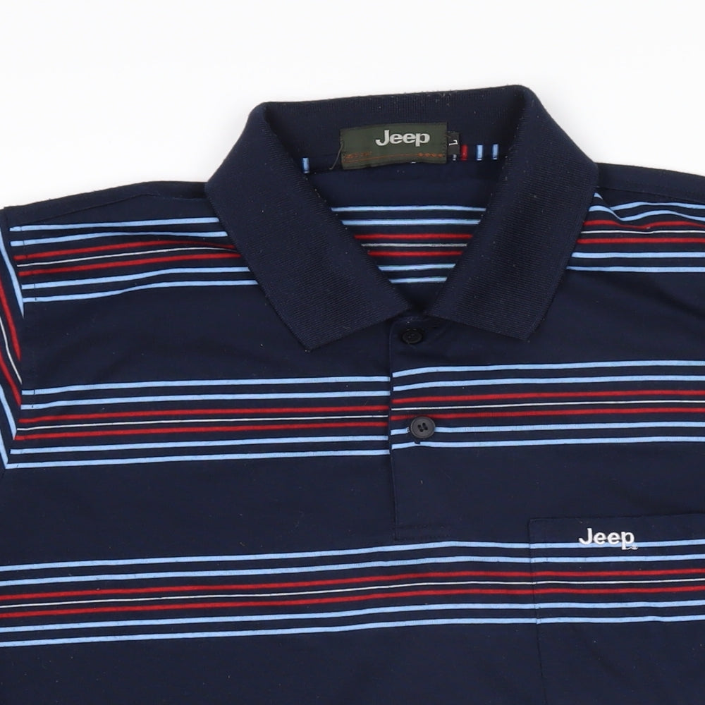 Jeep Mens Blue Striped Cotton Polo Size L Collared Button
