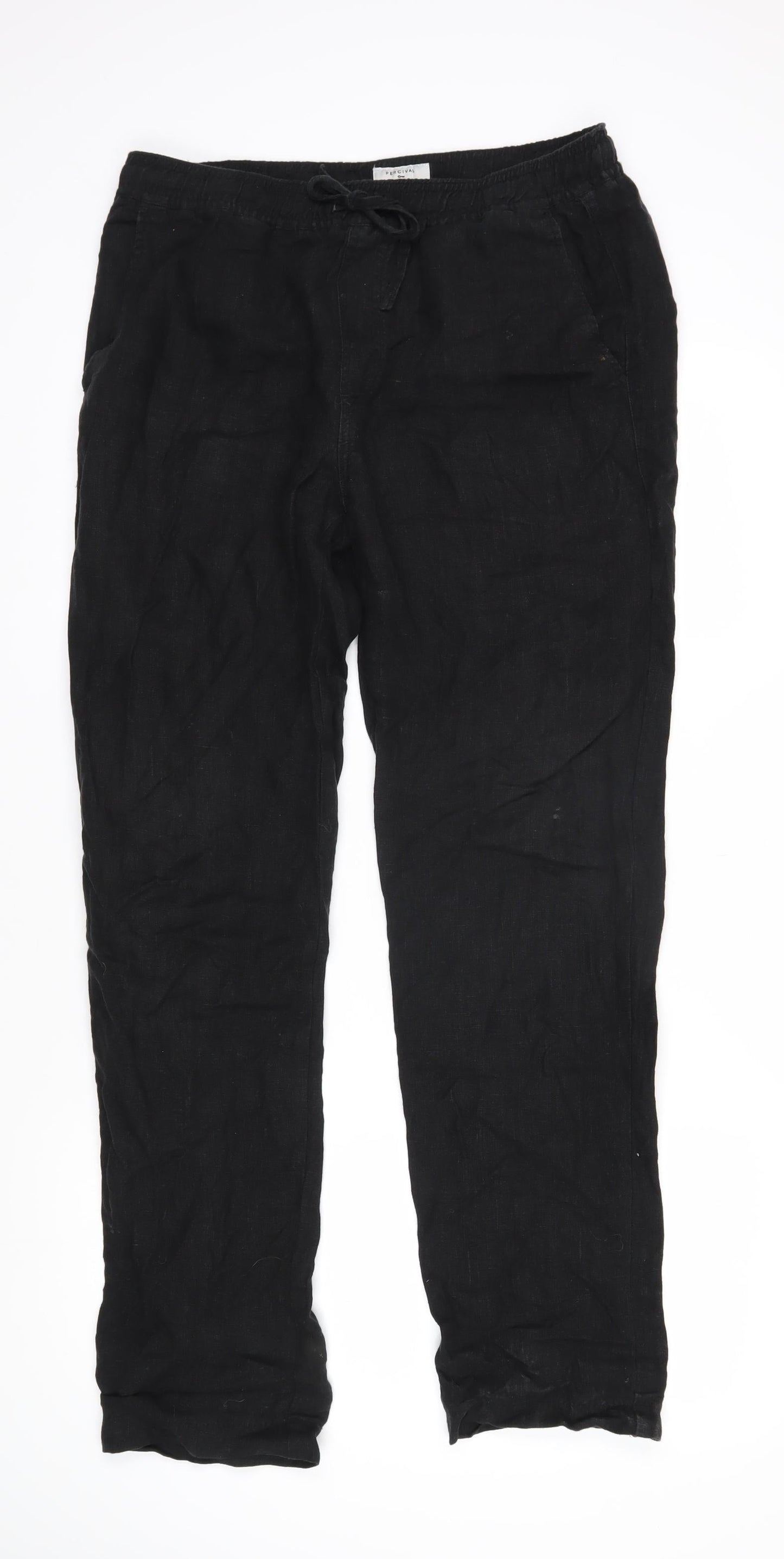 Percival Womens Black Cotton Trousers Size 32 L29 in Regular Tie - Elasticated waist