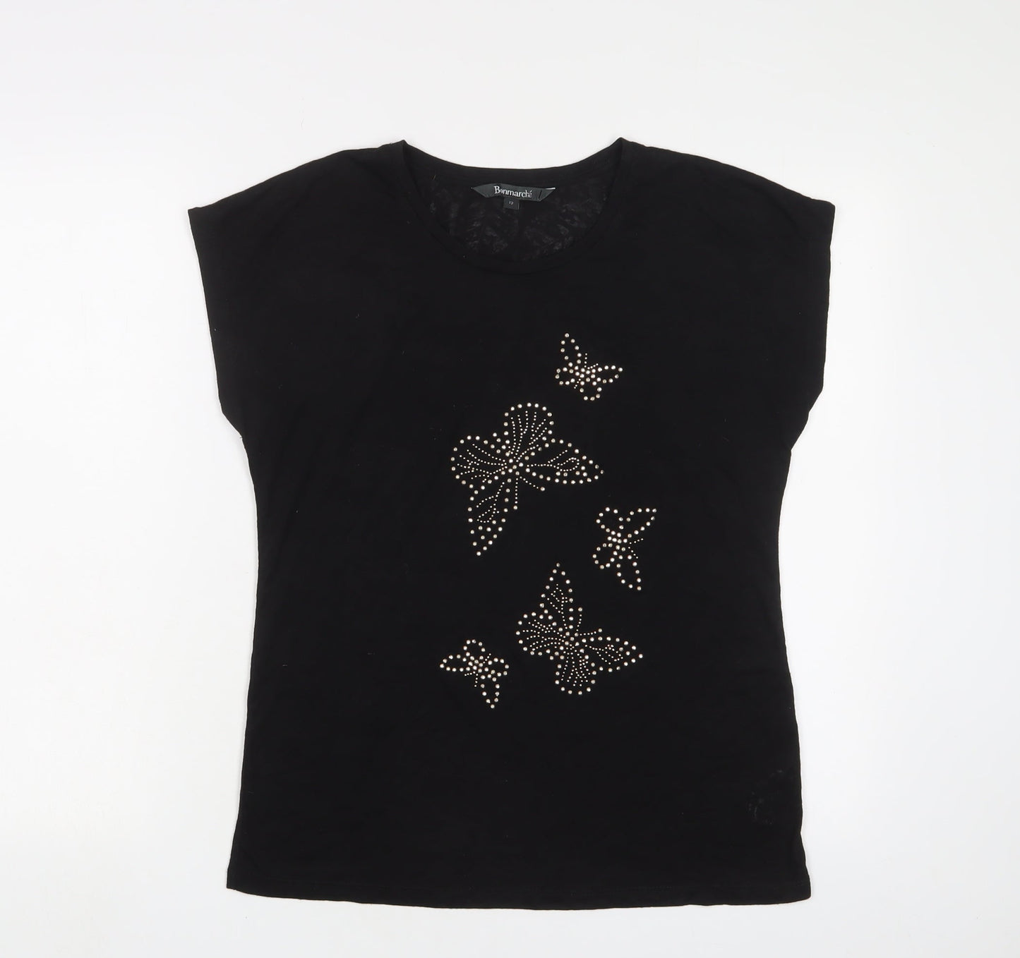 Bonmarché Womens Black Polyester Basic T-Shirt Size 12 Crew Neck - Butterflies