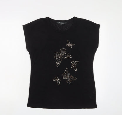 Bonmarché Womens Black Polyester Basic T-Shirt Size 12 Crew Neck - Butterflies