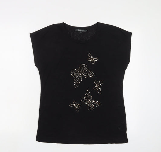 Bonmarché Womens Black Polyester Basic T-Shirt Size 12 Crew Neck - Butterflies