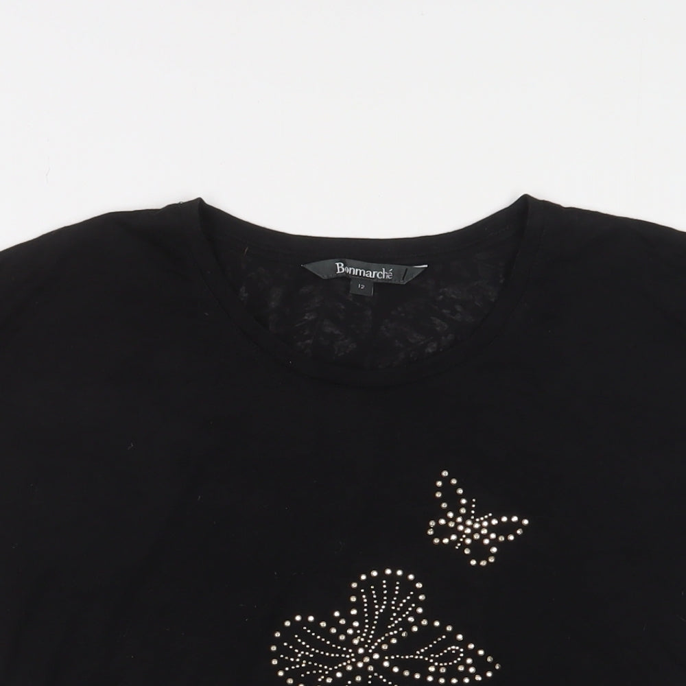 Bonmarché Womens Black Polyester Basic T-Shirt Size 12 Crew Neck - Butterflies