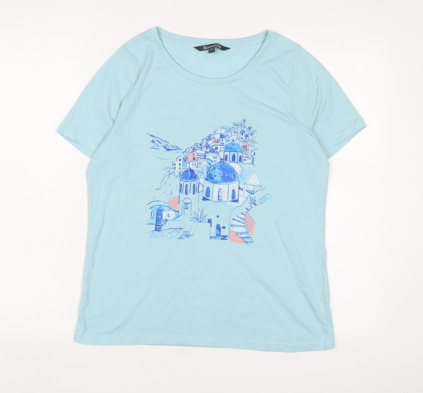 Bonmarché Womens Blue Polyester Basic T-Shirt Size 10 Crew Neck