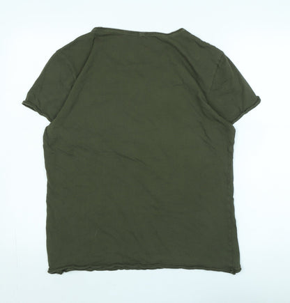 Blend Womens Green Cotton Basic T-Shirt Size L Scoop Neck - Logo