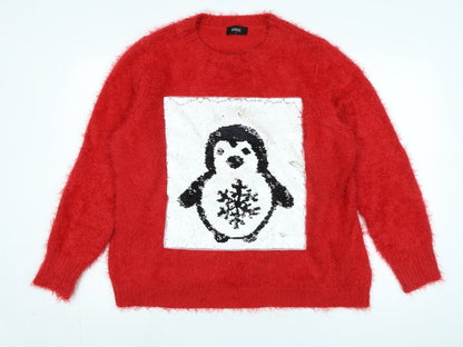 Klass Womens Red Crew Neck Polyacrylate Fibre Pullover Jumper Size L - Logo - Penguin in Sequins