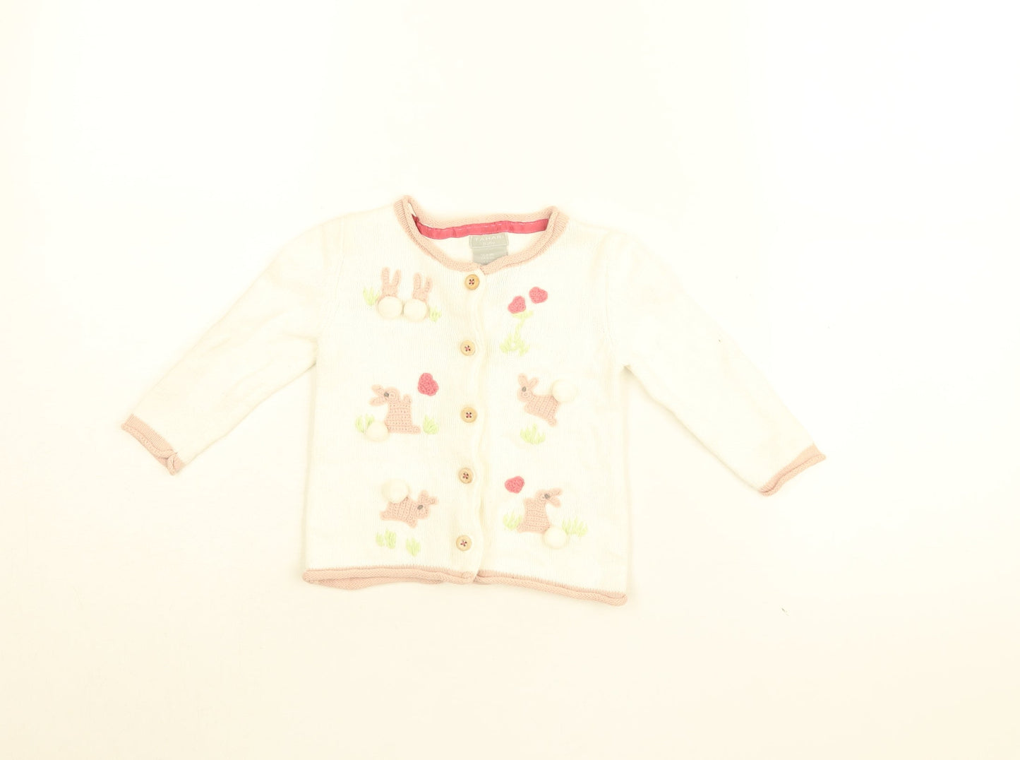 Tahari Girls White Geometric Cotton Cardigan Jumper Size 6-9 Months Button - Bunny Embroidery