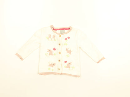 Tahari Girls White Geometric Cotton Cardigan Jumper Size 6-9 Months Button - Bunny Embroidery