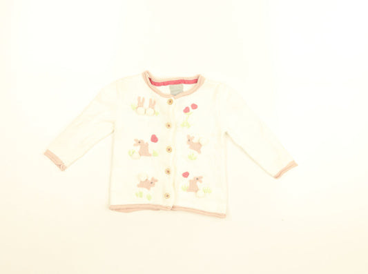 Tahari Girls White Geometric Cotton Cardigan Jumper Size 6-9 Months Button - Bunny Embroidery
