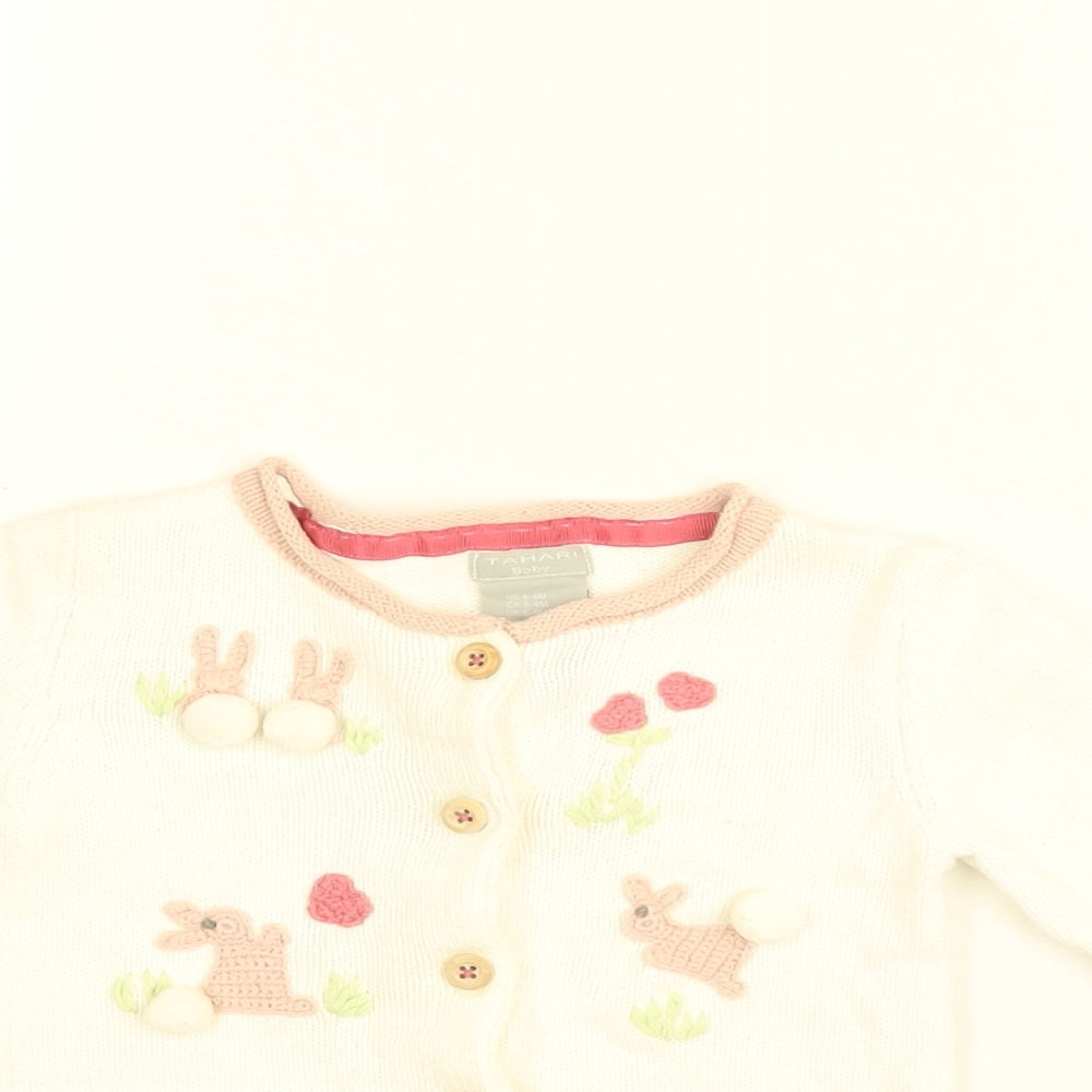 Tahari Girls White Geometric Cotton Cardigan Jumper Size 6-9 Months Button - Bunny Embroidery