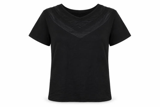 Front view of ASOS women’s black viscose basic t-shirt, size UK 14, v-neck