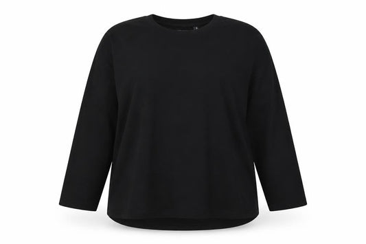 Front view of ASOS women’s black polyester basic t-shirt, size UK 10, round neck - side slits