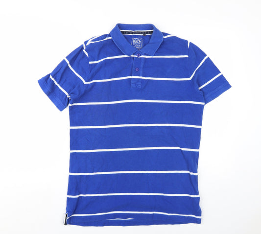 John Lewis Mens Blue Striped Cotton Polo Size M Collared Button