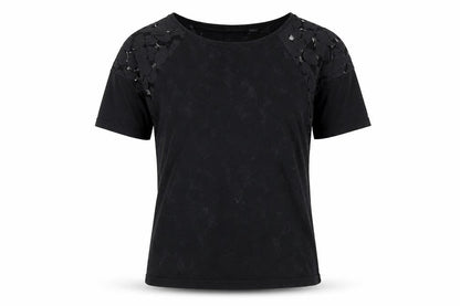ICHI Womens Black Polyester Basic T-Shirt Size XS Round Neck